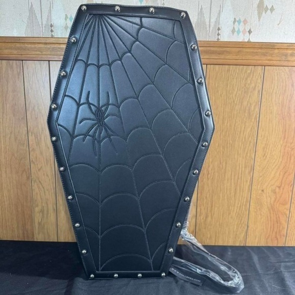 Dolls Kill Black faux leather coffin weekender bag with studs/spiderweb design